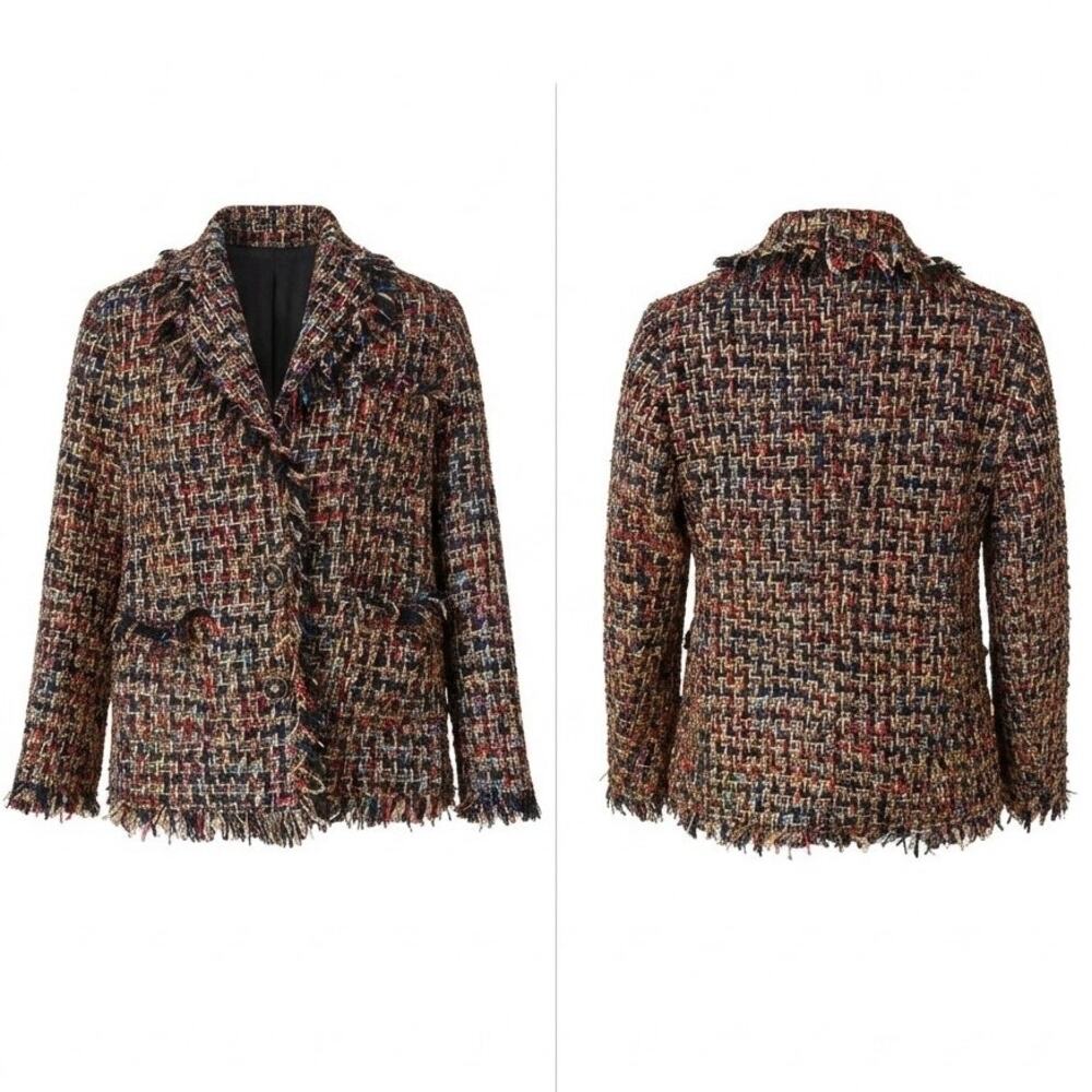 Multi Color Tweed Boucle Blazer Fringe Jacket Dark Academia Quiet Luxury Chan